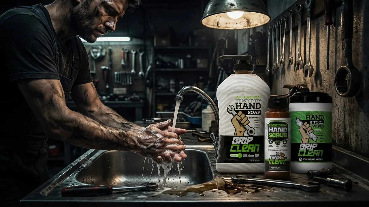 A mechanic washing his hands in a workshop, with the GripClean hand soap, scrub and wipes next to the sink